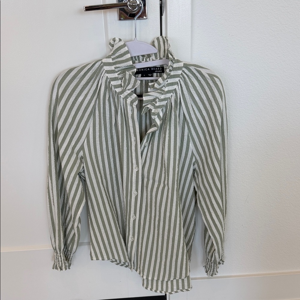 Veronica Beard Green and White Striped Blouse